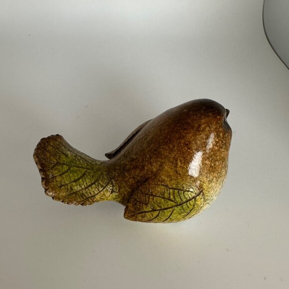 Pottery Fat Brown Bird Figure With Leaf Shaped Wings & Tail Sitting On A Leaf - Picture 12 of 13